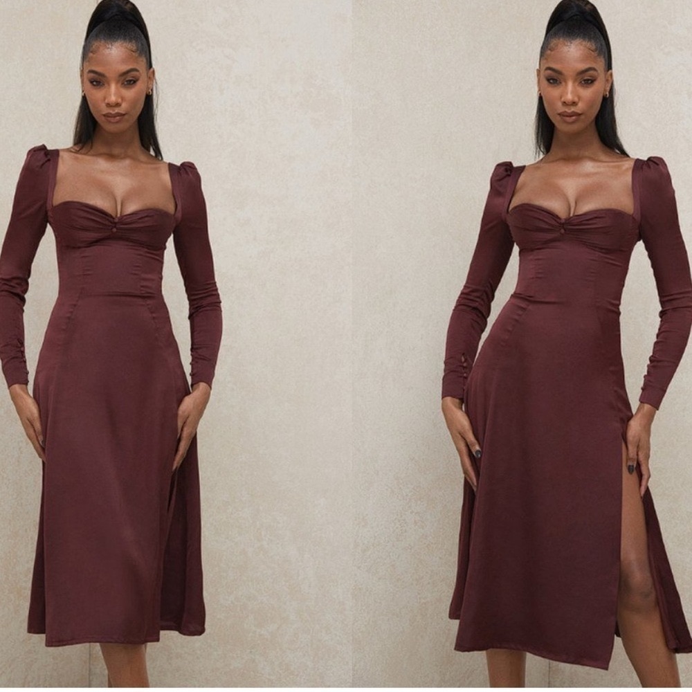 House of CB Arlinda Brown Midi Dress long sleeve e